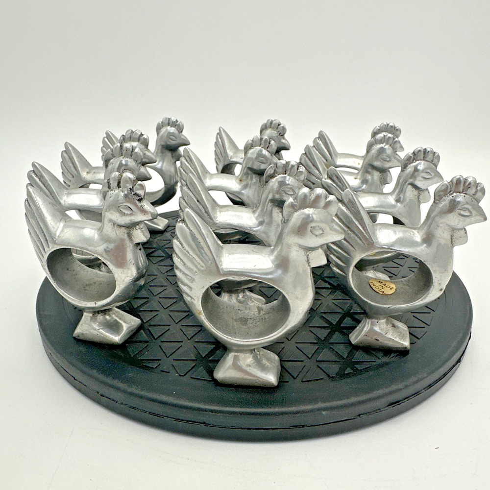 12 Vtg Pewter Chicken Rooster Napkin Rings Country Farmhouse